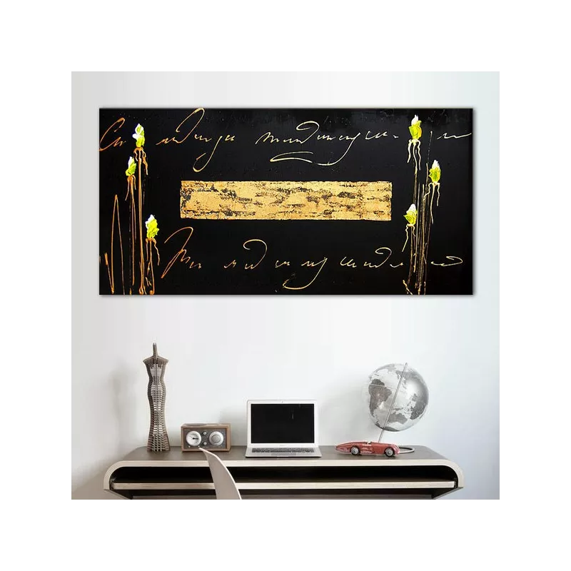 Letras doradas y fondo pizarra con flor