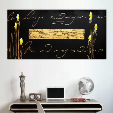 Letras doradas y fondo pizarra con flor
