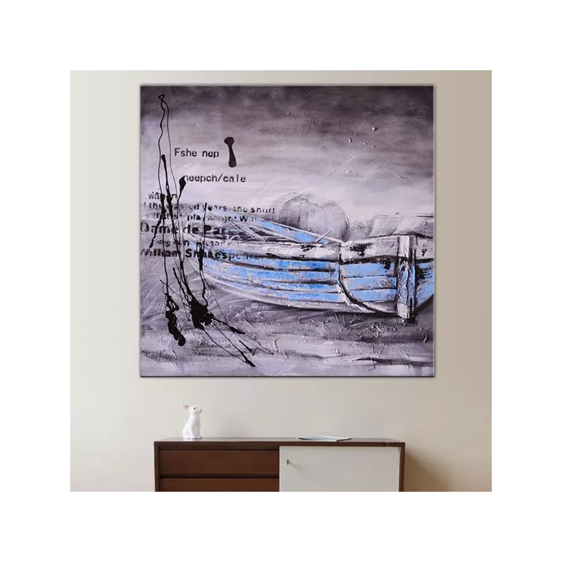 Pintura marina azul, bote de remos en el mar