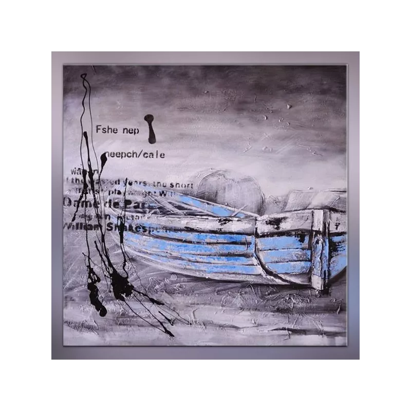 Pintura marina azul, bote de remos en el mar