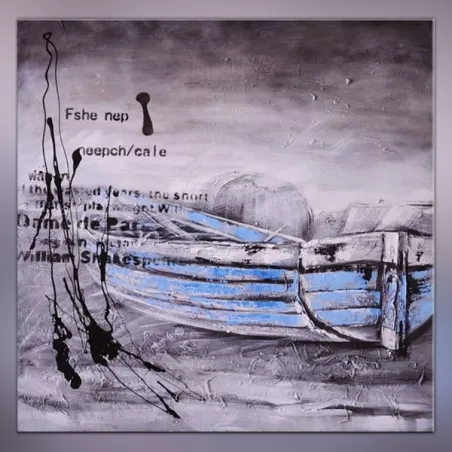 Pintura marina azul, bote de remos en el mar