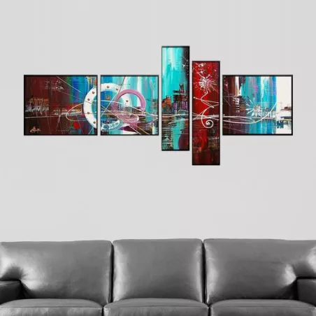 Políptico de 5 paneles en rojo y azul cielo
