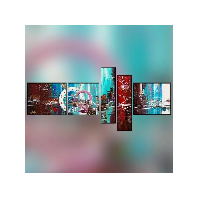 Políptico de 5 paneles en rojo y azul cielo