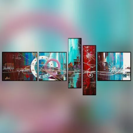 Políptico de 5 paneles en rojo y azul cielo