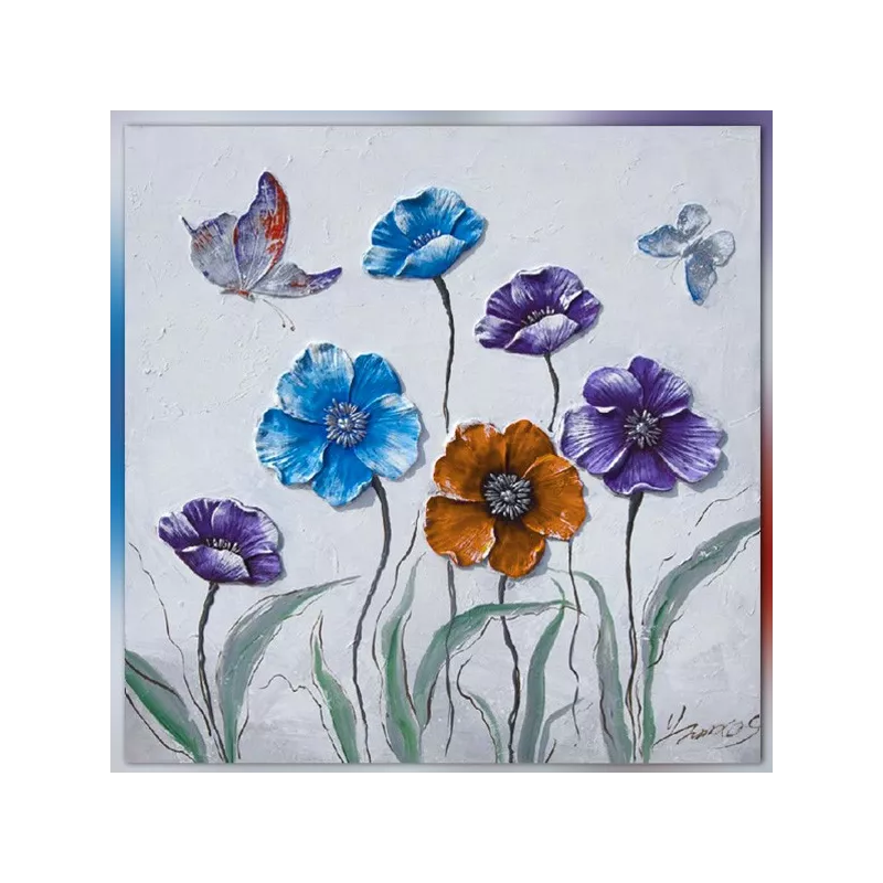 pintura rural, flores y mariposas