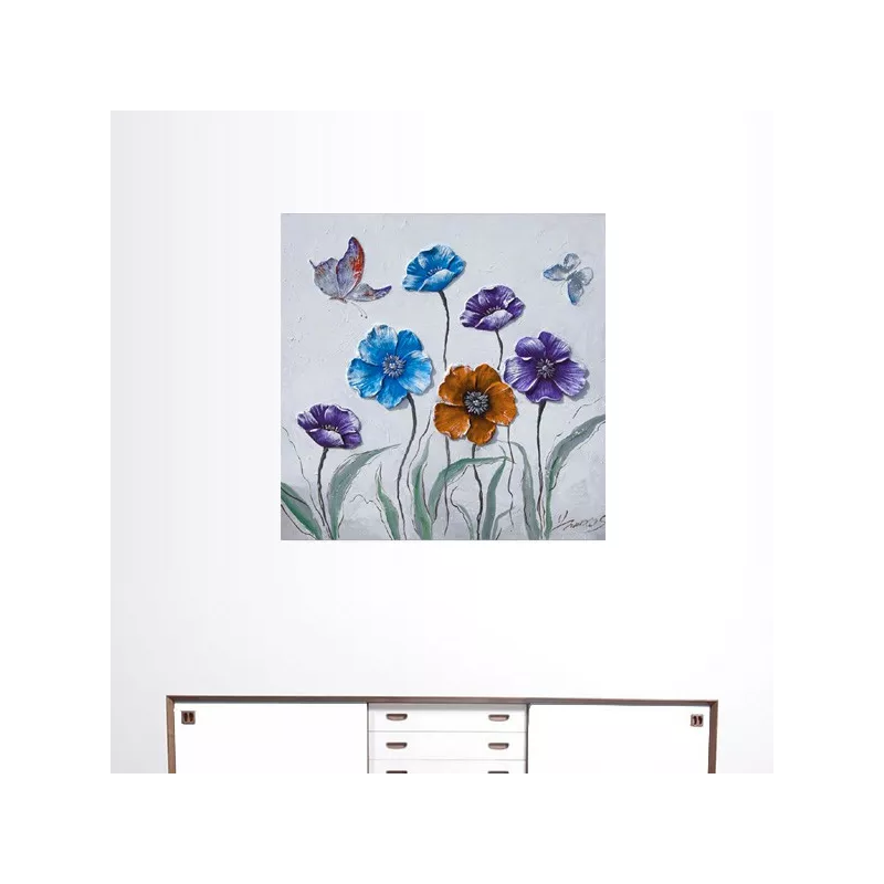 pintura rural, flores y mariposas