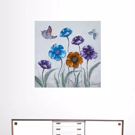 pintura rural, flores y mariposas