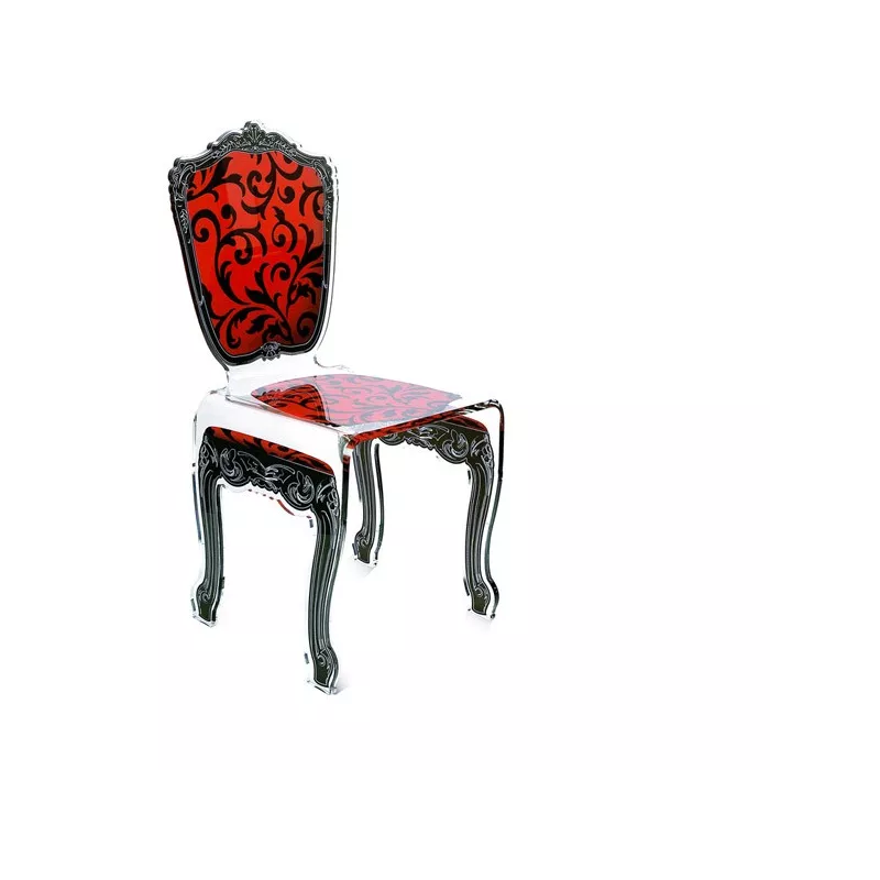 Silla barroca de plexiglás transparente Color Flores rojas y negras