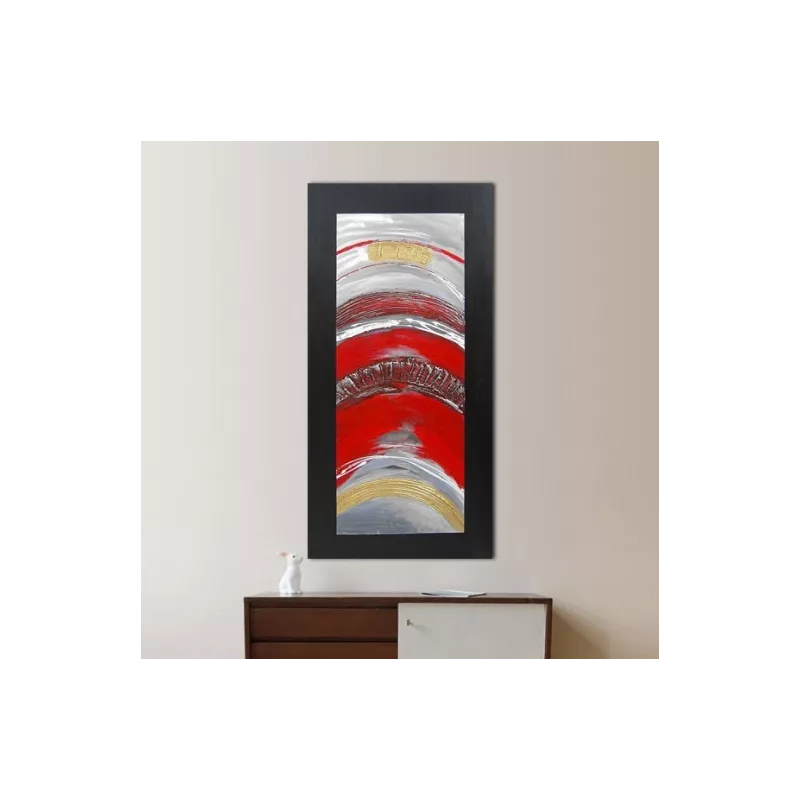 Pintura roja abstracta y metal, 120 x 60x 4 cm