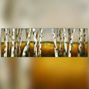 Pintura de naturaleza, bosque y campo de trigo